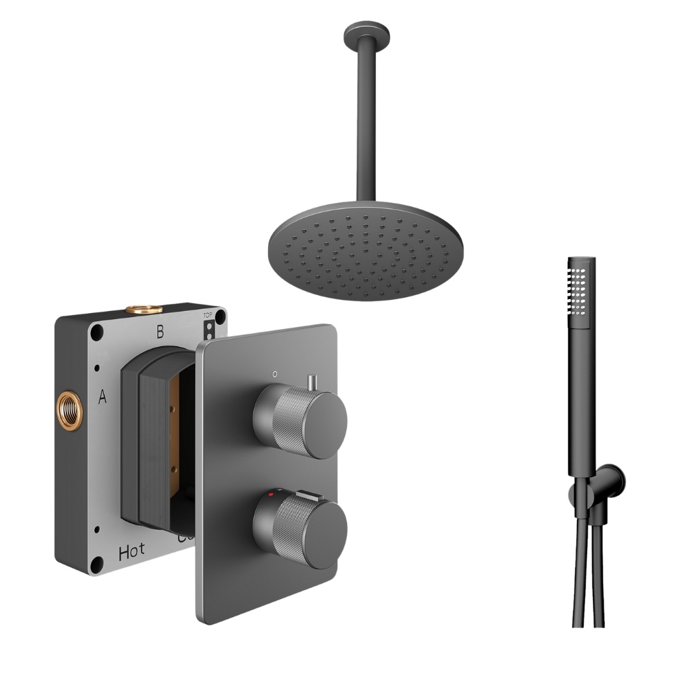 Product Cut out image of the Abacus Iso Pro Anthracite 2 Outlet Shower Pack with Ceiling Head & Handset